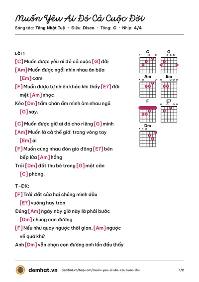 Hợp âm Muốn Yêu Ai Đó Cả Cuộc Đời (Tino) – bản nhạc PDF trang 1, tông C