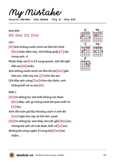 Hợp âm My Mistake (Hải Sâm) – bản nhạc PDF trang 1, tông G