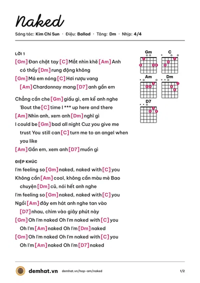 Hợp âm Naked (Kim Chi Sun) – bản nhạc PDF trang 1, tông Dm