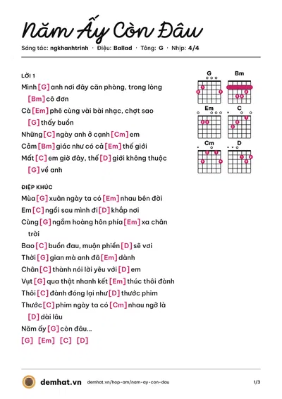 Hợp âm Năm Ấy Còn Đâu (ngkhanhtrinh) – bản nhạc PDF trang 1, tông G