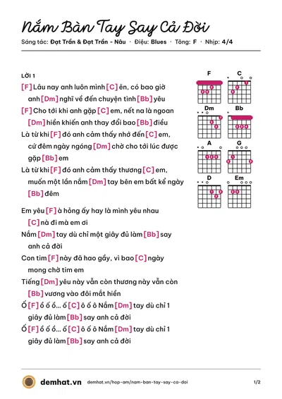 Hợp âm Nắm Bàn Tay Say Cả Đời (Đạt Trần) – bản nhạc PDF trang 1, tông F