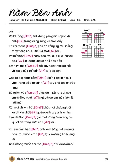 Hợp âm Nằm Bên Anh (Minh Đinh) – bản nhạc PDF trang 1, tông Am