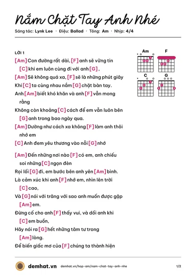 Hợp âm Nắm Chặt Tay Anh Nhé (Lynk Lee) – bản nhạc PDF trang 1, tông Am