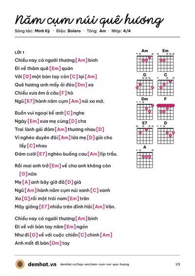 Hợp âm Năm cụm núi quê hương (Phi Nhung) – bản nhạc PDF trang 1, tông Am