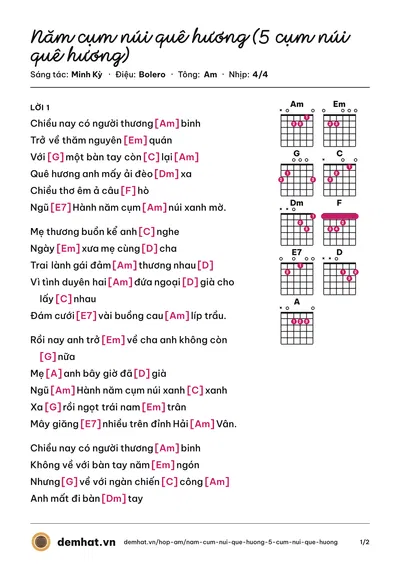 Hợp âm Năm cụm núi quê hương (5 cụm núi quê hương) (Phi Nhung) – bản nhạc PDF trang 1, tông Am