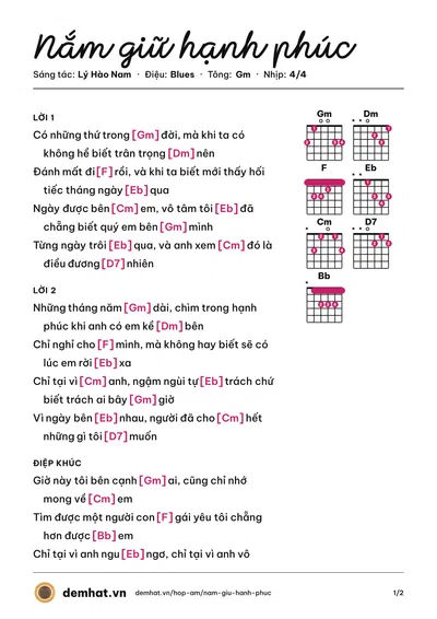 Hợp âm Nắm giữ hạnh phúc (Lý Hào Nam) – bản nhạc PDF trang 1, tông Gm