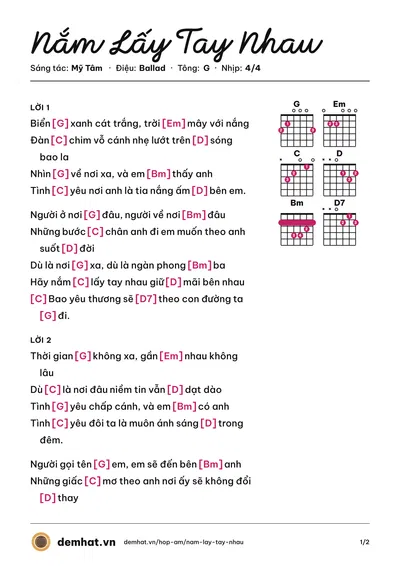 Hợp âm Nắm Lấy Tay Nhau (Mỹ Tâm) – bản nhạc PDF trang 1, tông G