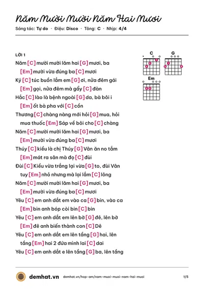 Hợp âm Năm Mười Mười Năm Hai Mươi (Tự do) – bản nhạc PDF trang 1, tông C