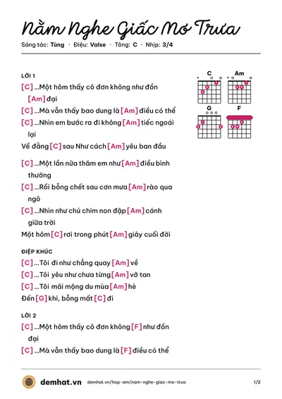 Hợp âm Nằm Nghe Giấc Mơ Trưa (Tùng) – bản nhạc PDF trang 1, tông C