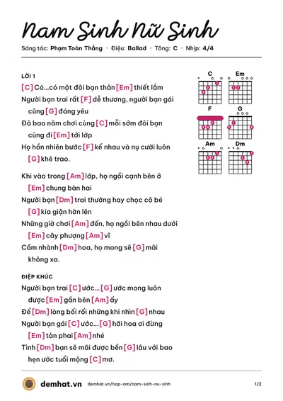 Hợp âm Nam Sinh Nữ Sinh (Đức Phúc) – bản nhạc PDF trang 1, tông C