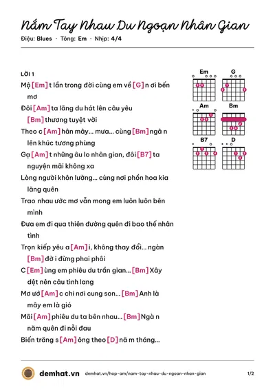 Hợp âm Nắm Tay Nhau Du Ngoạn Nhân Gian (nguyễn thế thắng) – bản nhạc PDF trang 1, tông Em