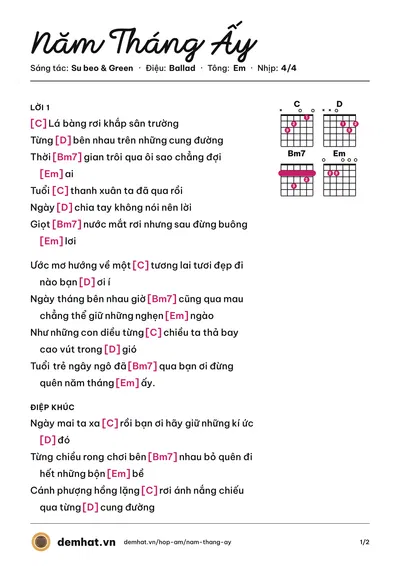 Hợp âm Năm Tháng Ấy (Green) – bản nhạc PDF trang 1, tông Em