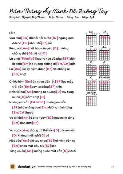 Hợp âm Năm Tháng Ấy Mình Đã Buông Tay (Thanh Ngọc) – bản nhạc PDF trang 1, tông Em