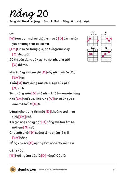 Hợp âm Nắng 20 (Hoàng Yến Chibi) – bản nhạc PDF trang 1, tông G