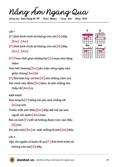 Hợp âm Nắng Ấm Ngang Qua (Sơn Tùng M-TP) – bản nhạc PDF trang 1, tông Am