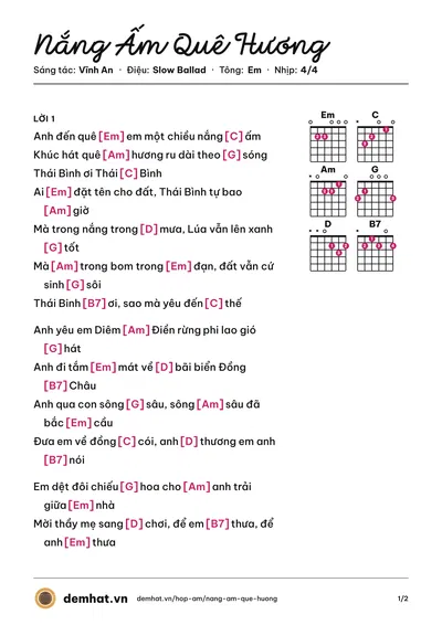 Hợp âm Nắng Ấm Quê Hương (Thu Hiền) – bản nhạc PDF trang 1, tông Em