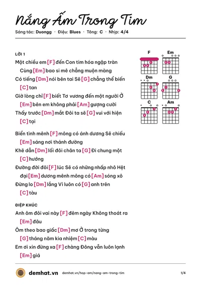 Hợp âm Nắng Ấm Trong Tim (Duongg) – bản nhạc PDF trang 1, tông C