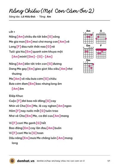 Hợp âm Nắng Chiều (Mẹ! Con Cảm Ơn 2) (Lê Hiếu Đức) – bản nhạc PDF trang 1, tông Am