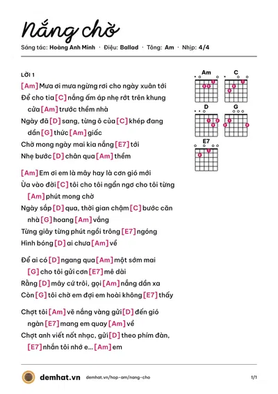 Hợp âm Nắng chờ (Tạ Quang Thắng) – bản nhạc PDF trang 1, tông Am