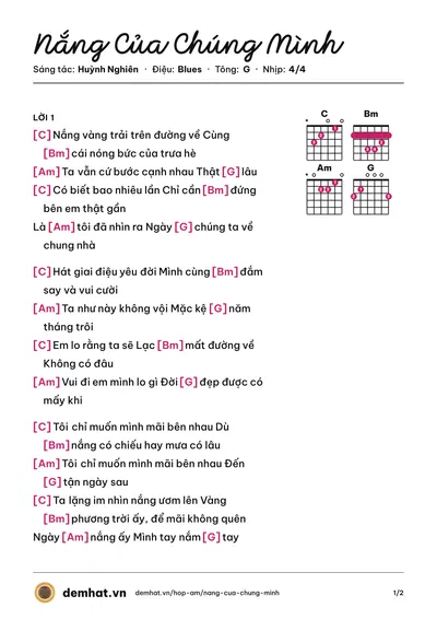 Hợp âm Nắng Của Chúng Mình (Huỳnh Nghiên) – bản nhạc PDF trang 1, tông G
