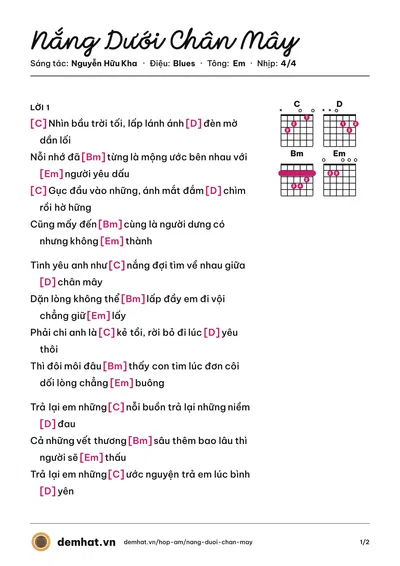 Hợp âm Nắng Dưới Chân Mây (Nguyễn Hữu Kha) – bản nhạc PDF trang 1, tông Em