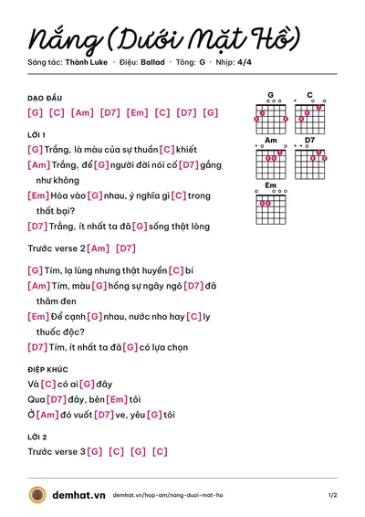 Hợp âm Nắng (Dưới Mặt Hồ) (Thành Luke) – bản nhạc PDF trang 1, tông G