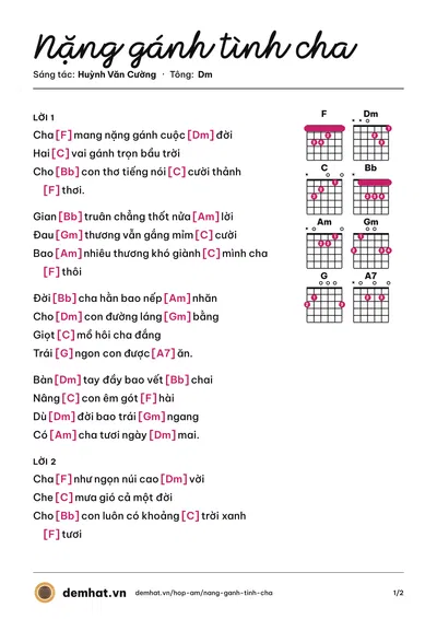 Hợp âm Nặng gánh tình cha (Ngọc Minh) – bản nhạc PDF trang 1, tông Dm