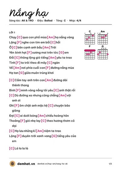 Hợp âm Nắng hạ (Tuệ Nhy) – bản nhạc PDF trang 1, tông C