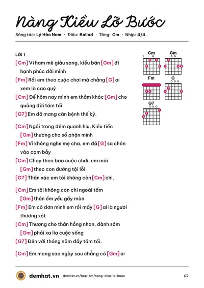 Hợp âm Nàng Kiều Lỡ Bước (HKT) – bản nhạc PDF trang 1, tông Cm