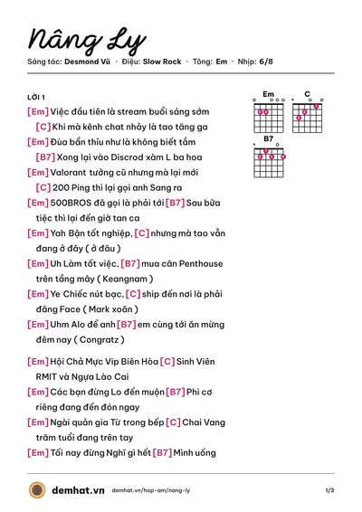 Hợp âm Nâng Ly (Desmond Vũ) – bản nhạc PDF trang 1, tông Em