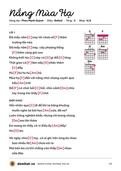 Hợp âm Nắng Mùa Hạ (Phan Mạnh Quỳnh) – bản nhạc PDF trang 1, tông C