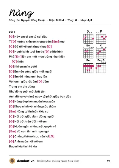 Hợp âm Nàng (Hồ Quang Hiếu) – bản nhạc PDF trang 1, tông G