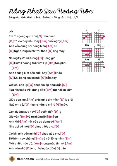 Hợp âm Nắng Nhạt Sau Hoàng Hôn (Hiếu Minh) – bản nhạc PDF trang 1, tông G