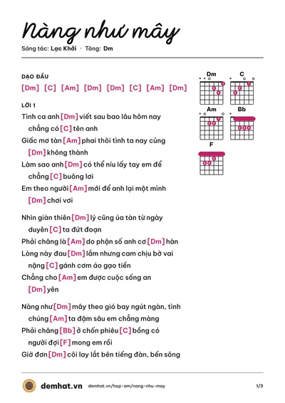 Hợp âm Nàng như mây (Lạc Khởi) – bản nhạc PDF trang 1, tông Dm