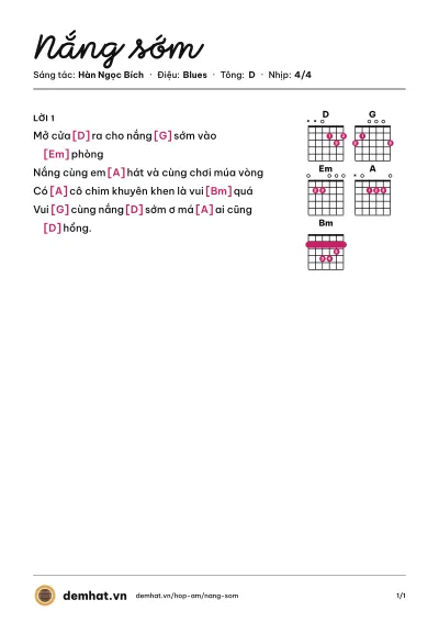 Hợp âm Nắng sớm (Hồng Ngọc) – bản nhạc PDF trang 1, tông D