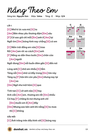 Hợp âm Nắng Theo Em (Nguyễn Thái Dương) – bản nhạc PDF trang 1, tông C