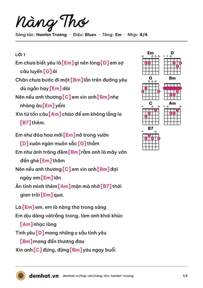 Hợp âm Nàng Thơ (Phương Ý) – bản nhạc PDF trang 1, tông Em
