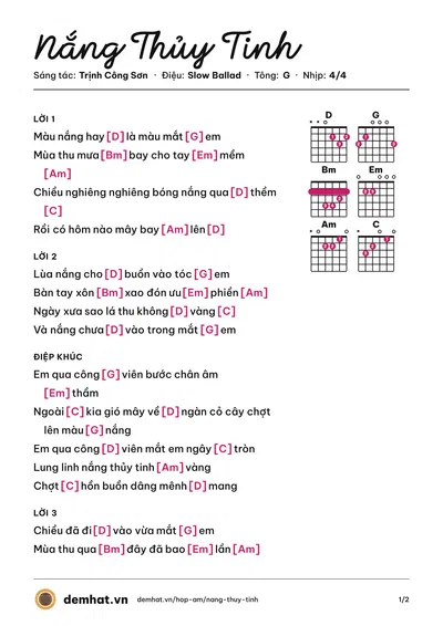 Hợp âm Nắng Thủy Tinh (Đàm Vĩnh Hưng) – bản nhạc PDF trang 1, tông G