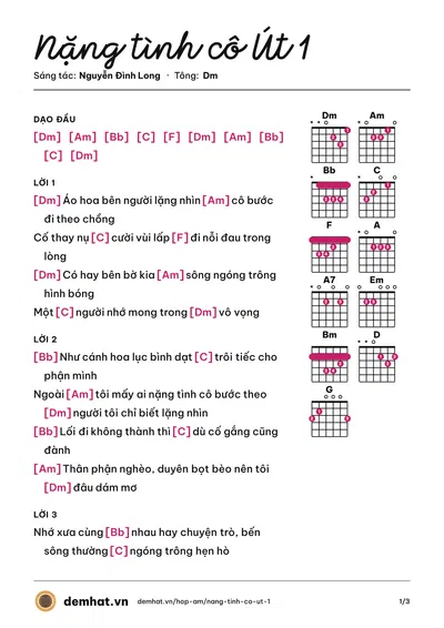 Hợp âm Nặng tình cô Út 1 (Nguyễn Đình Long) – bản nhạc PDF trang 1, tông Dm
