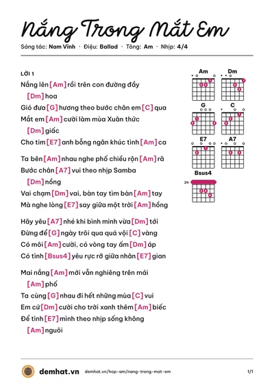 Hợp âm Nắng Trong Mắt Em (Linda Q) – bản nhạc PDF trang 1, tông Am