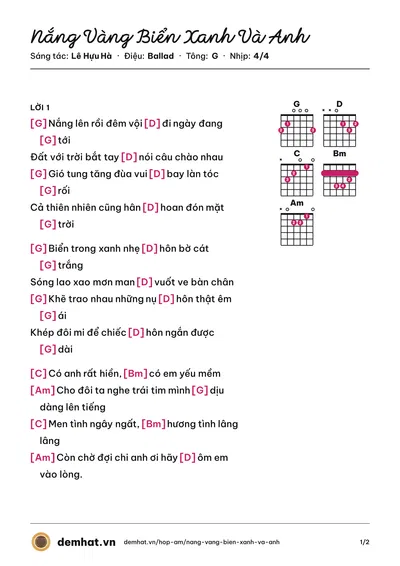 Hợp âm Nắng Vàng Biển Xanh Và Anh (Đoan Trang) – bản nhạc PDF trang 1, tông G