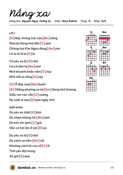 Hợp âm Nắng xa (Nguyễn Ngọc Tường Vy) – bản nhạc PDF trang 1, tông G