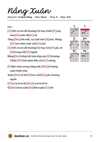 Hợp âm Nắng Xuân (Mây Trắng) – bản nhạc PDF trang 1, tông C