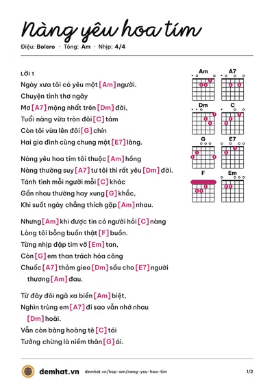 Hợp âm Nàng yêu hoa tím (Trường Vũ) – bản nhạc PDF trang 1, tông Am