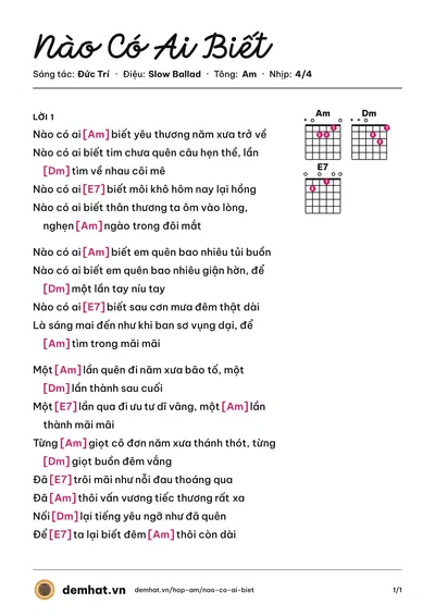 Hợp âm Nào Có Ai Biết (Phương Thanh) – bản nhạc PDF trang 1, tông Am