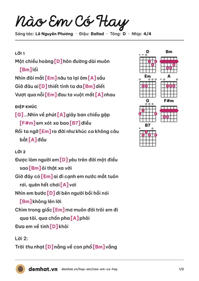 Hợp âm Nào Em Có Hay (Lê Nguyên Phương) – bản nhạc PDF trang 1, tông D