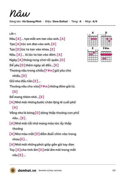 Hợp âm Nâu (Yigaria) – bản nhạc PDF trang 1, tông A