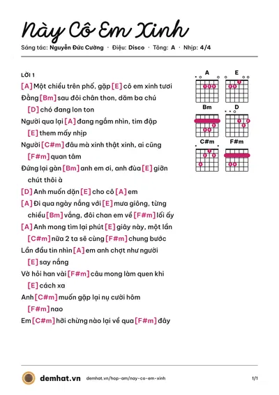 Hợp âm Này Cô Em Xinh (Nguyễn Đức Cường) – bản nhạc PDF trang 1, tông A