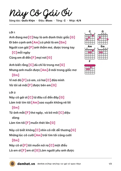 Hợp âm Này Cô Gái Ơi (Quốc Khỳn) – bản nhạc PDF trang 1, tông C