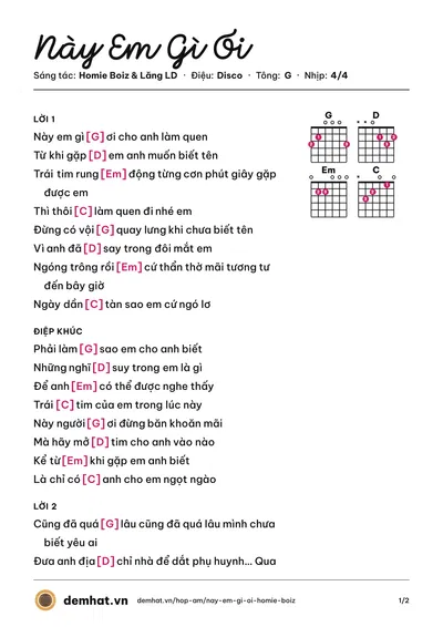 Hợp âm Này Em Gì Ơi (Lăng LD) – bản nhạc PDF trang 1, tông G